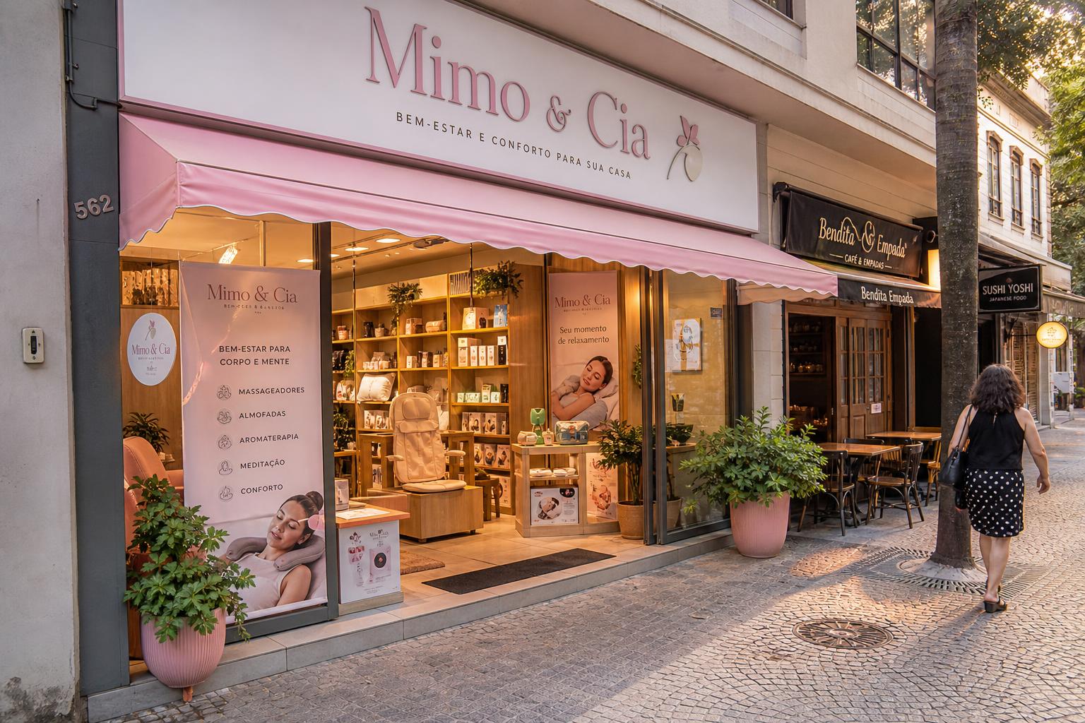 Fachada da loja Mimo & Cia na rua, com vitrine de produtos de bem-estar